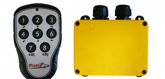 A remote control for winch, articulation-extension of the loading ramp and working light (optional)